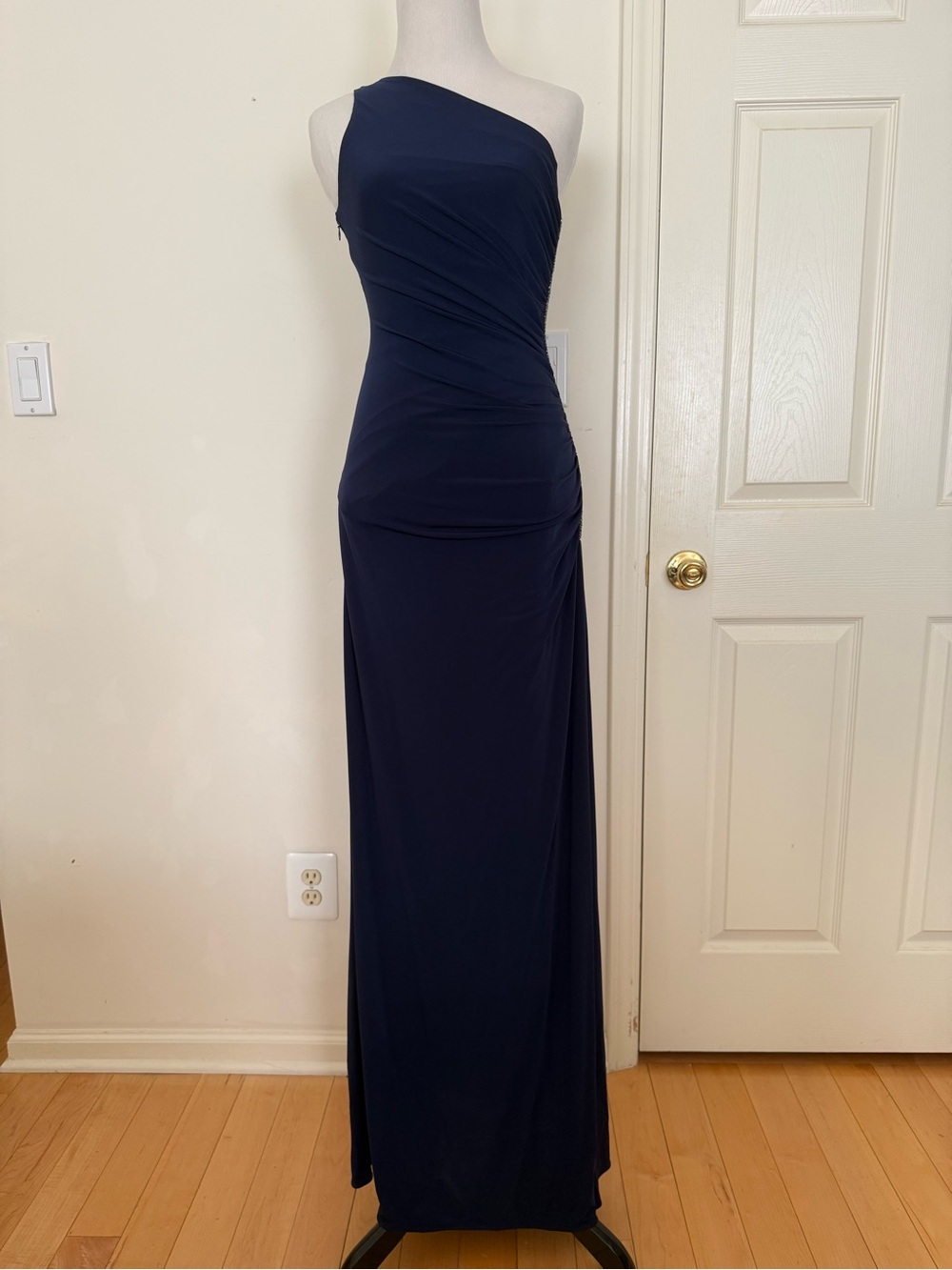 Laundry One-Shoulder Navy Evening Gown with rhinestone embellishments